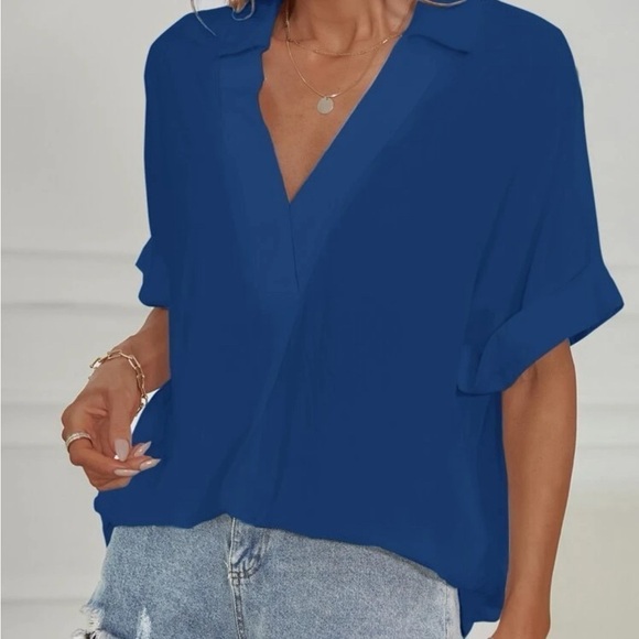 SHEIN✨ Women’s Notched Neck Batwing Sleeve Oversized Blouse 👚💙 Size Small - Picture 8 of 11